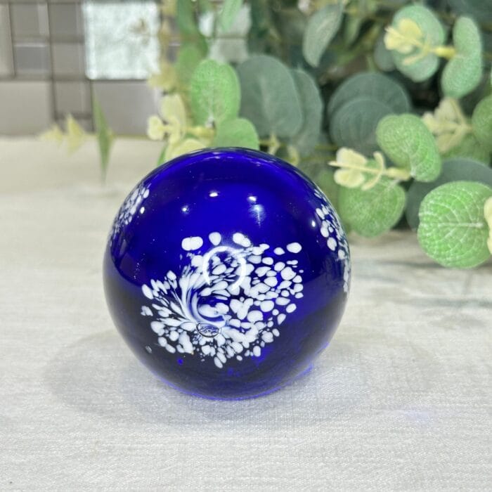 Cobalt Blue Glass Paperweight with White Feather Design - Image 3