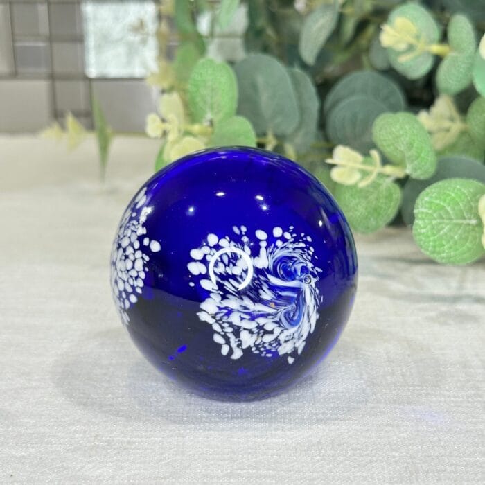 Cobalt Blue Glass Paperweight with White Feather Design - Image 4