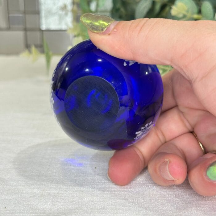 Cobalt Blue Glass Paperweight with White Feather Design - Image 6
