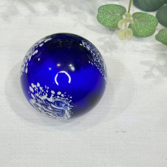 Cobalt Blue Glass Paperweight with White Feather Design - Image 7