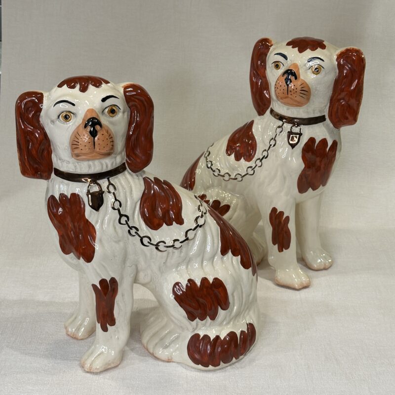 Antique Staffordshire Dog Pair King Charles Spaniels Red & White Gilt Chains James Kent England (1)