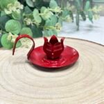 Vintage Red Enamel Candle Holder Portable Finger Loop Flower Petal Design