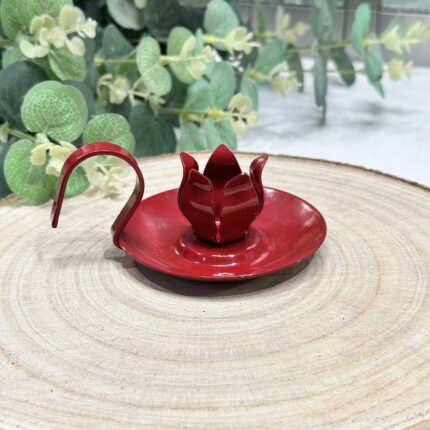 Vintage Red Enamel Candle Holder Portable Finger Loop Flower Petal Design