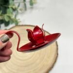 Vintage Red Enamel Candle Holder Portable Finger Loop Flower Petal Design