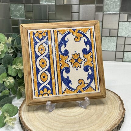 Vintage French Tile Trivet Pot Stand Azulejo Tile Wood Frame