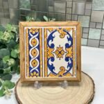 Vintage French Tile Trivet Pot Stand Azulejo Tile Wood Frame