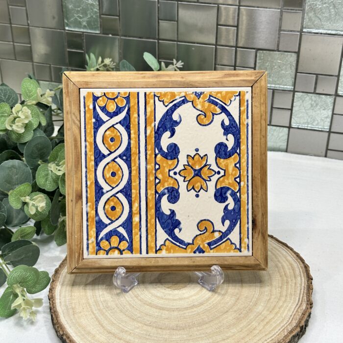 Vintage French Tile Trivet Pot Stand Azulejo Tile Wood Frame