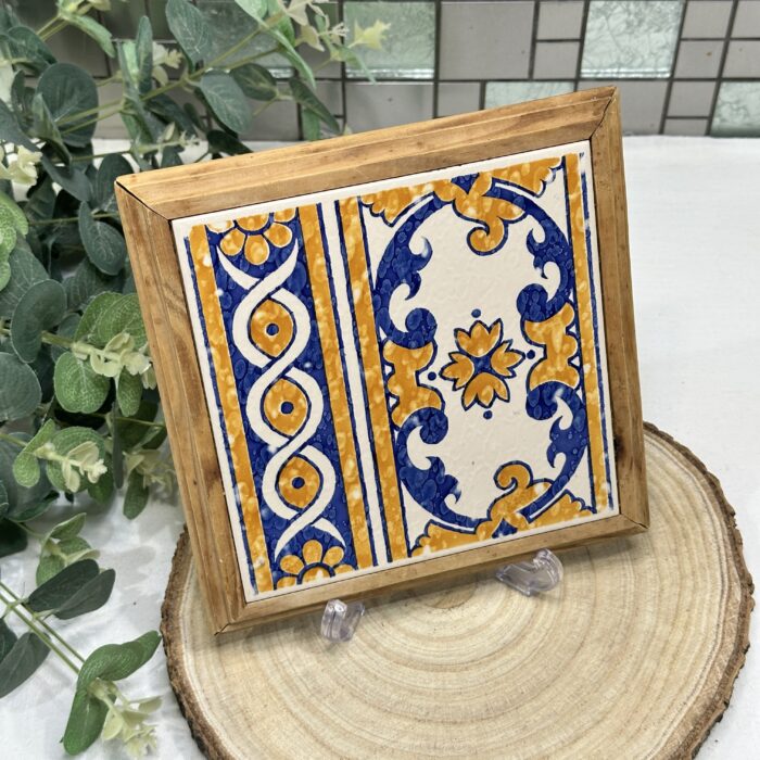 Vintage French Tile Trivet Pot Stand Azulejo Tile Wood Frame
