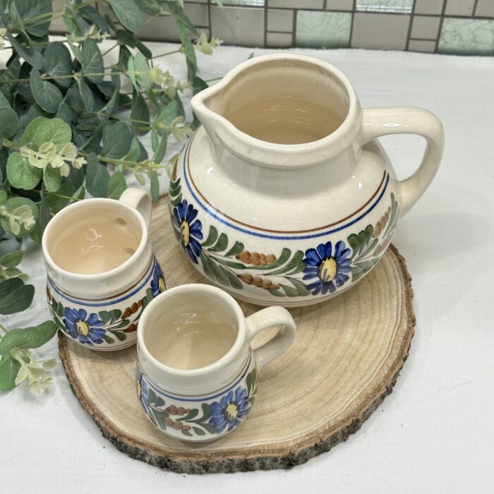 Vintage Hand-Painted Floral Pitcher & 2 Mugs Set Ceramic Folk Art
