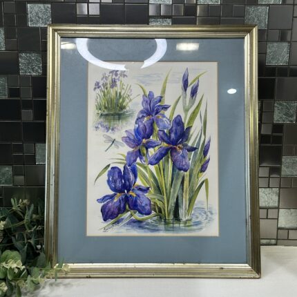 Lesley King Watercolour Irises Dragonfly Floral Art Framed Painting