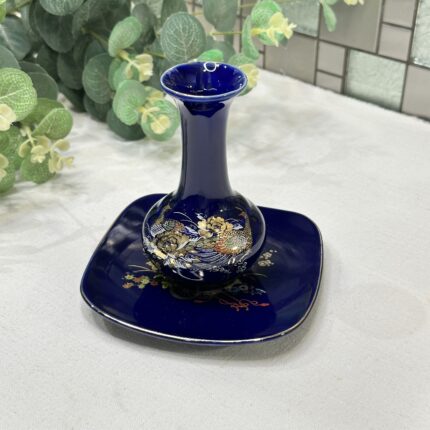 Vintage Japanese Cobalt Blue Vase & Dish Pheasant Floral Chokin Style