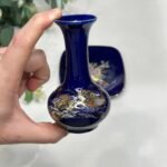 Vintage Japanese Cobalt Blue Vase & Dish Pheasant Floral Chokin Style