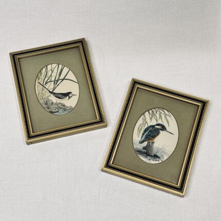 Pair John Morland Bird Prints Kingfisher Pied Wagtail Framed 1970s Glastonbury