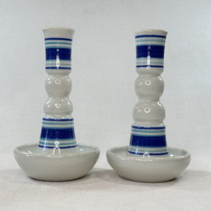 Pair Studio Pottery Candlestick Holders Blue White Stoneware Vintage