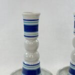 Pair Studio Pottery Candlestick Holders Blue White Stoneware Vintage