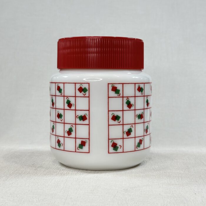 Retro Arcopal Milk Glass Storage Jar Red Lid Green Red Grid