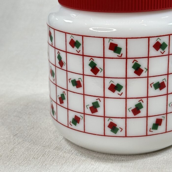 Retro Arcopal Milk Glass Storage Jar Red Lid Green Red Grid