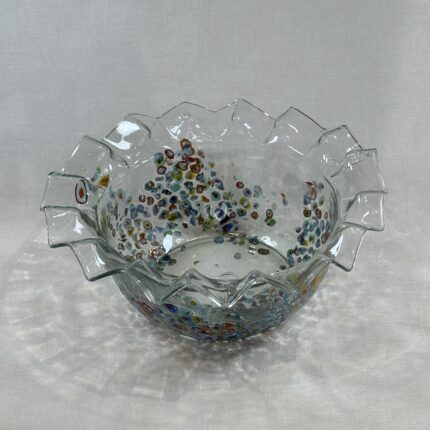 Vintage Art Glass Bowl Confetti Millefiori Scalloped Rim 1980s