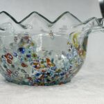 Vintage Art Glass Bowl Confetti Millefiori Scalloped Rim 1980s