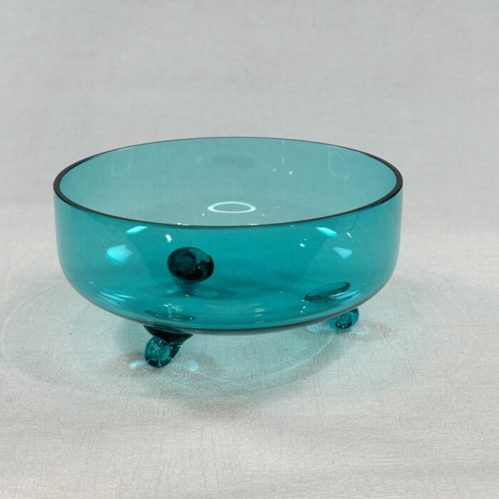 Mid Century Modern Blue Glass Candy Dish Tri-Footed 7" Handblown
