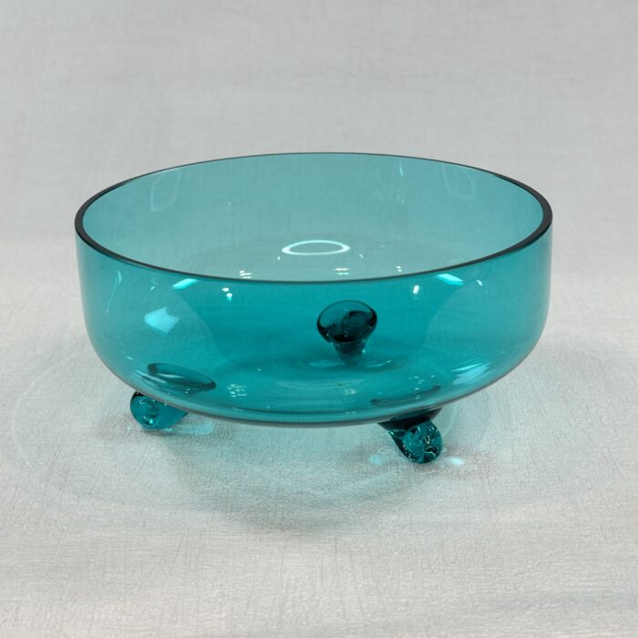 Mid Century Modern Blue Glass Candy Dish Tri-Footed 7" Handblown