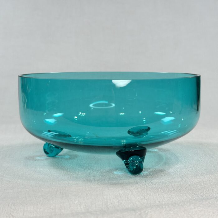 Mid Century Modern Blue Glass Candy Dish Tri-Footed 7" Handblown