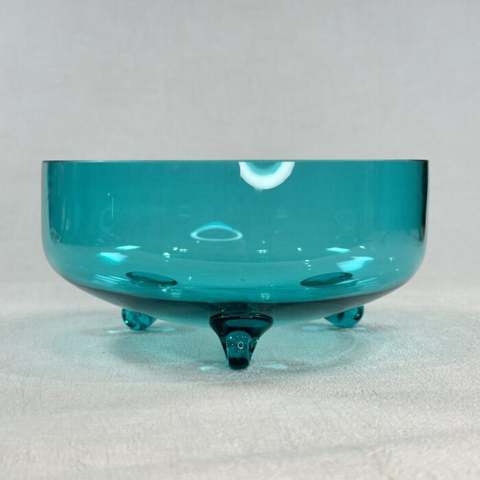 Mid Century Modern Blue Glass Candy Dish Tri-Footed 7" Handblown
