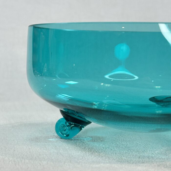 Mid Century Modern Blue Glass Candy Dish Tri-Footed 7" Handblown