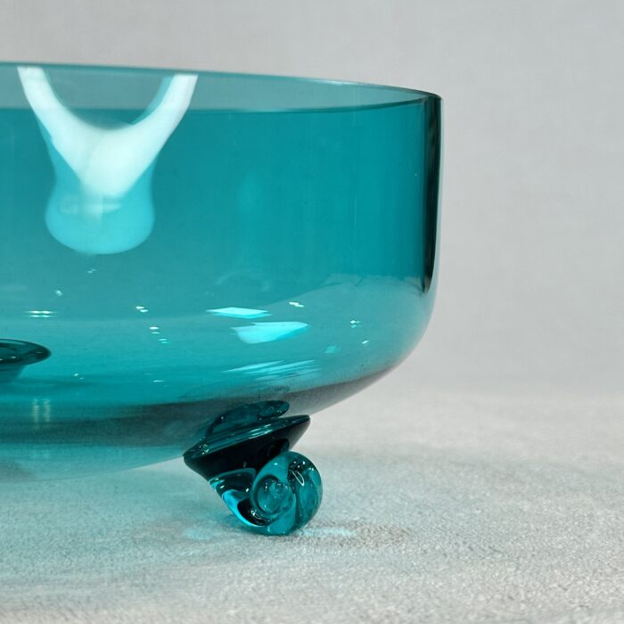 Mid Century Modern Blue Glass Candy Dish Tri-Footed 7" Handblown