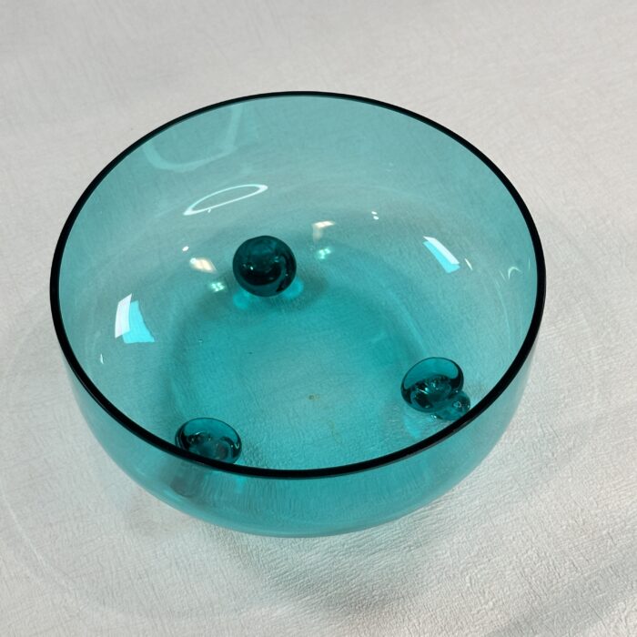 Mid Century Modern Blue Glass Candy Dish Tri-Footed 7" Handblown