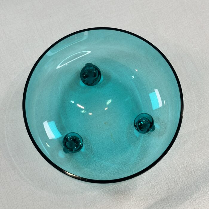 Mid Century Modern Blue Glass Candy Dish Tri-Footed 7" Handblown