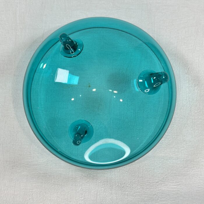 Mid Century Modern Blue Glass Candy Dish Tri-Footed 7" Handblown