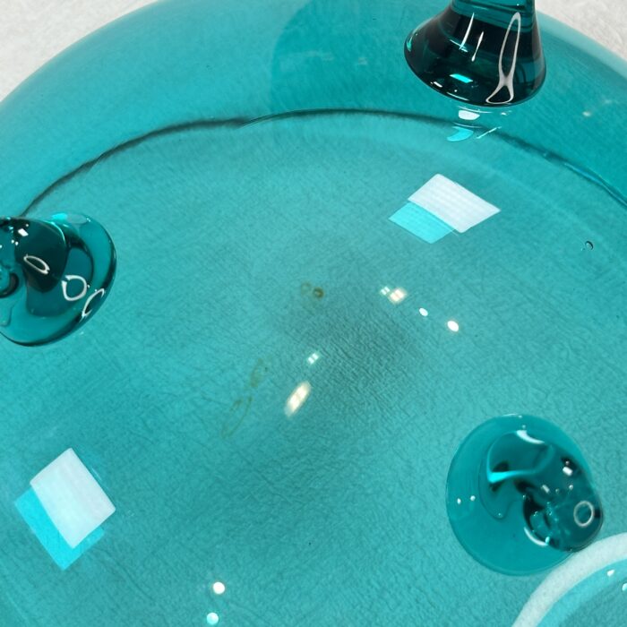 Mid Century Modern Blue Glass Candy Dish Tri-Footed 7" Handblown