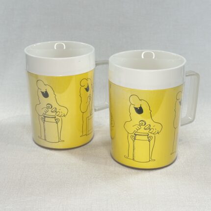 Pair Vintage 1970s Insulex Mugs Retro Yellow Musical Plastic Insulated Made in England