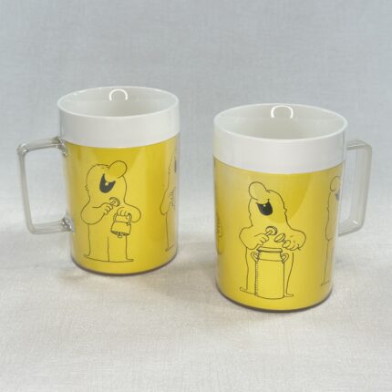 Pair Vintage 1970s Insulex Mugs Retro Yellow Musical Plastic Insulated Made in England