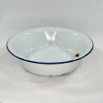 Vintage Bumper Harvest Enamel Bowl White Blue Rim Farmhouse Kitchen Rustic Decor