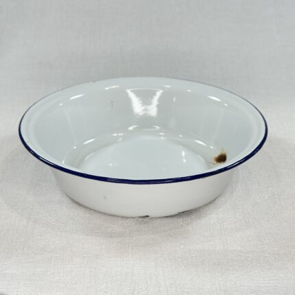 Vintage Bumper Harvest Enamel Bowl White Blue Rim Farmhouse Kitchen Rustic Decor