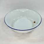 Vintage Bumper Harvest Enamel Bowl White Blue Rim Farmhouse Kitchen Rustic Decor