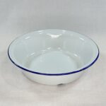 Vintage Bumper Harvest Enamel Bowl White Blue Rim Farmhouse Kitchen Rustic Decor