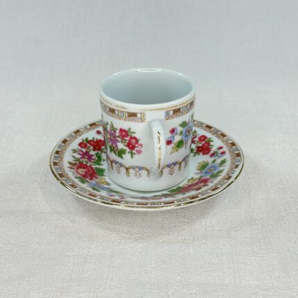 Vintage Chinese Jingdezhen Demitasse Cup and Saucer Set - Pink & Blue Floral - Gold Trim