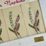 Vintage Linen Tea Napkins Set of 4 - Heather Embroidery - Original Tartan Box - Unused