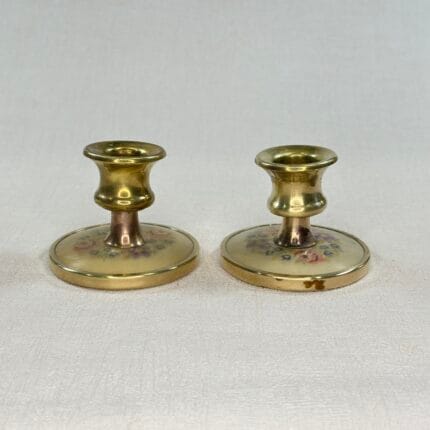 Vintage Brass Candle Holders Embroidered Floral Pair 1950s Petite