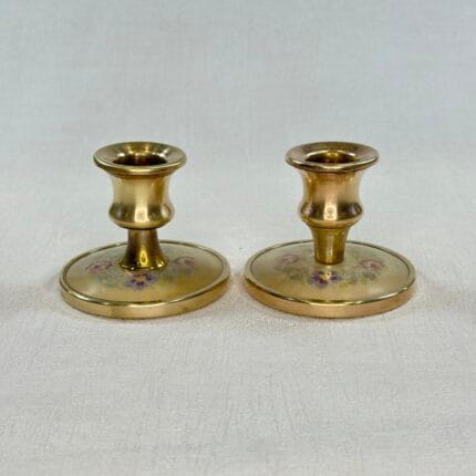 Vintage Brass Candle Holders Embroidered Floral Pair 1950s Petite 2