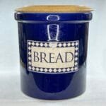 Vintage Blue & White Ceramic Bread Crock with Wooden Cutting Board Lid - 27cm