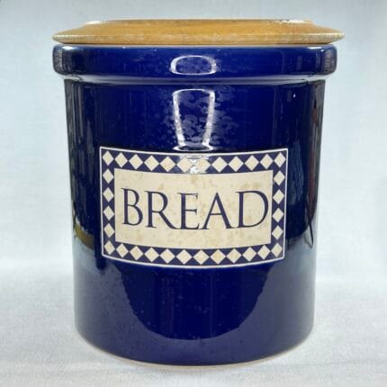 Vintage Blue & White Ceramic Bread Crock with Wooden Cutting Board Lid - 27cm