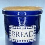 Vintage Blue & White Ceramic Bread Crock with Wooden Cutting Board Lid - 27cm