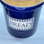 Vintage Blue & White Ceramic Bread Crock with Wooden Cutting Board Lid - 27cm