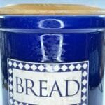 Vintage Blue & White Ceramic Bread Crock with Wooden Cutting Board Lid - 27cm