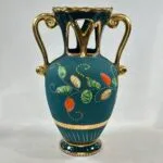 Vintage Hubert Bequet Vase Teal Floral Hummingbird 1950s Belgium