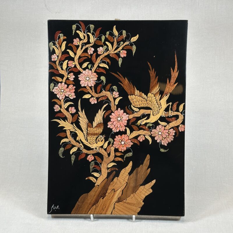 Vintage Signed Lacquer Miniature Art Birds Tree of Life Inlaid Wood